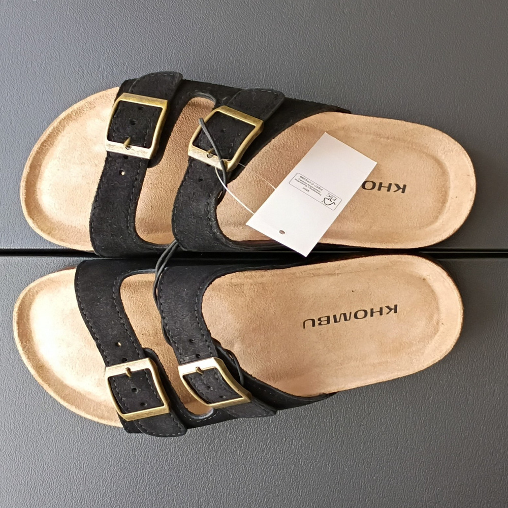 Khombu Women's Black Double Buckle Cork Footbed Slide Sandals Faux Leather 11
